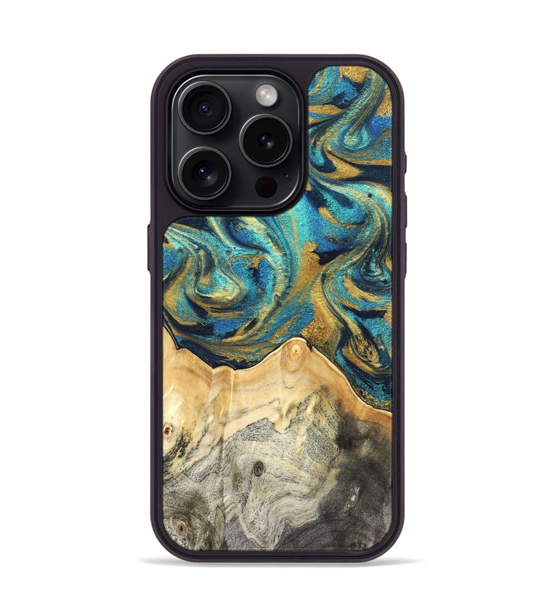 iPhone 15 Pro Wood Phone Case - Carolee (Teal & Gold, 820568)