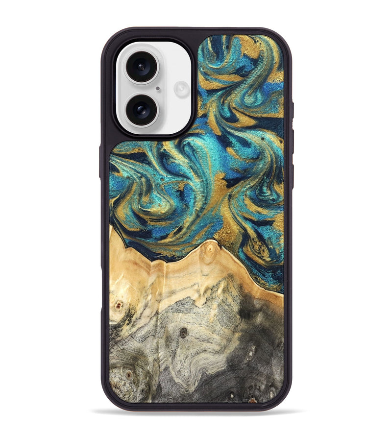 iPhone 16 Plus Wood Phone Case - Carolee (Teal & Gold, 820568)