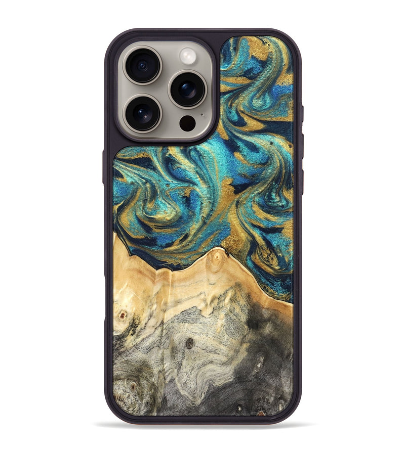iPhone 16 Pro Max Wood Phone Case - Carolee (Teal & Gold, 820568)