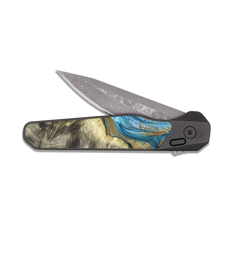 EDC Dark Damascus Wood Pocket Knife - Lina (Teal & Gold, 820570)