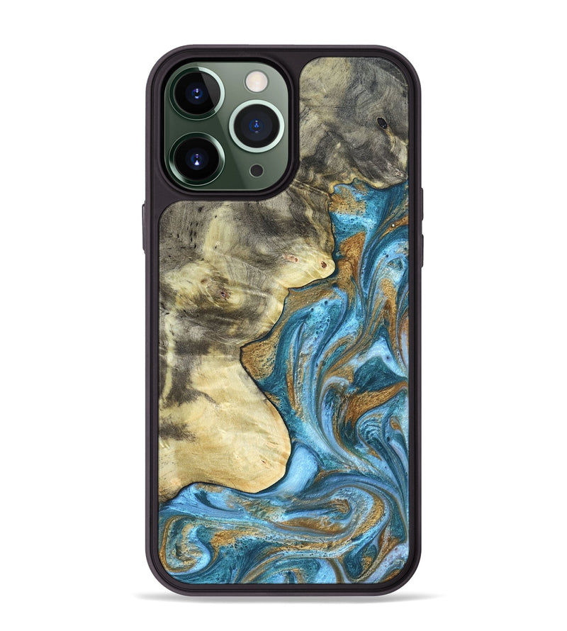 iPhone 13 Pro Max Wood Phone Case - Lina (Teal & Gold, 820570)