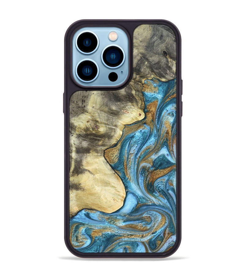 iPhone 14 Pro Max Wood Phone Case - Lina (Teal & Gold, 820570)