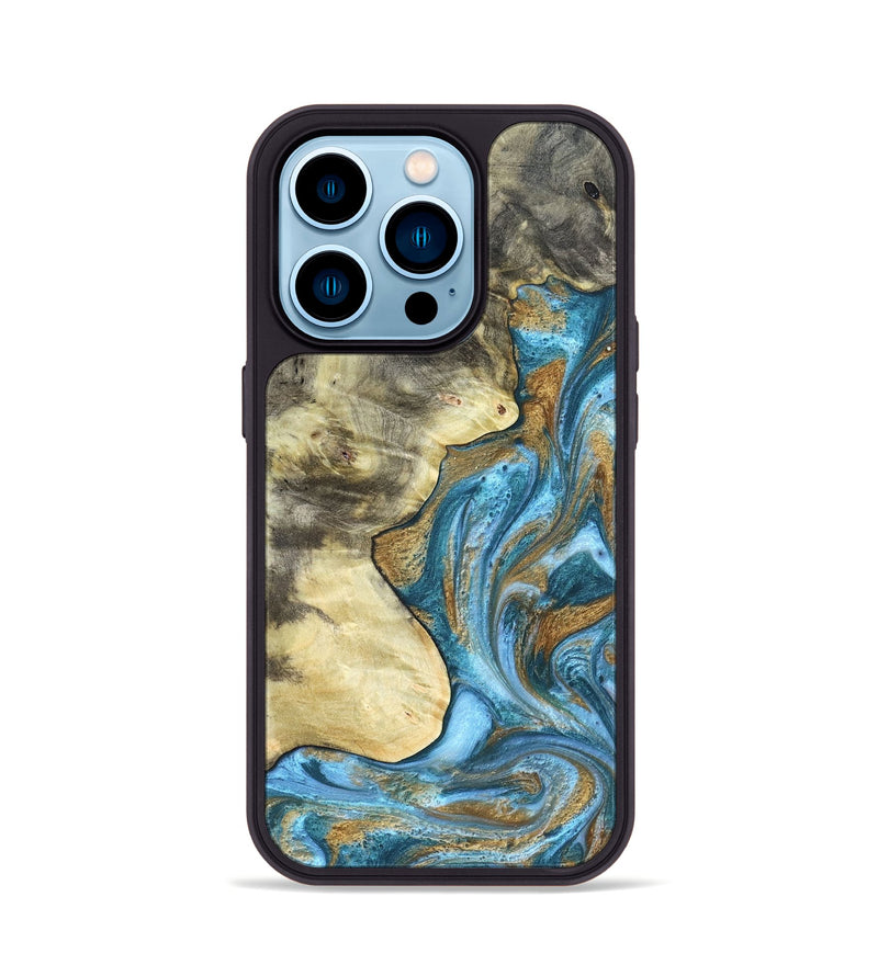 iPhone 14 Pro Wood Phone Case - Lina (Teal & Gold, 820570)