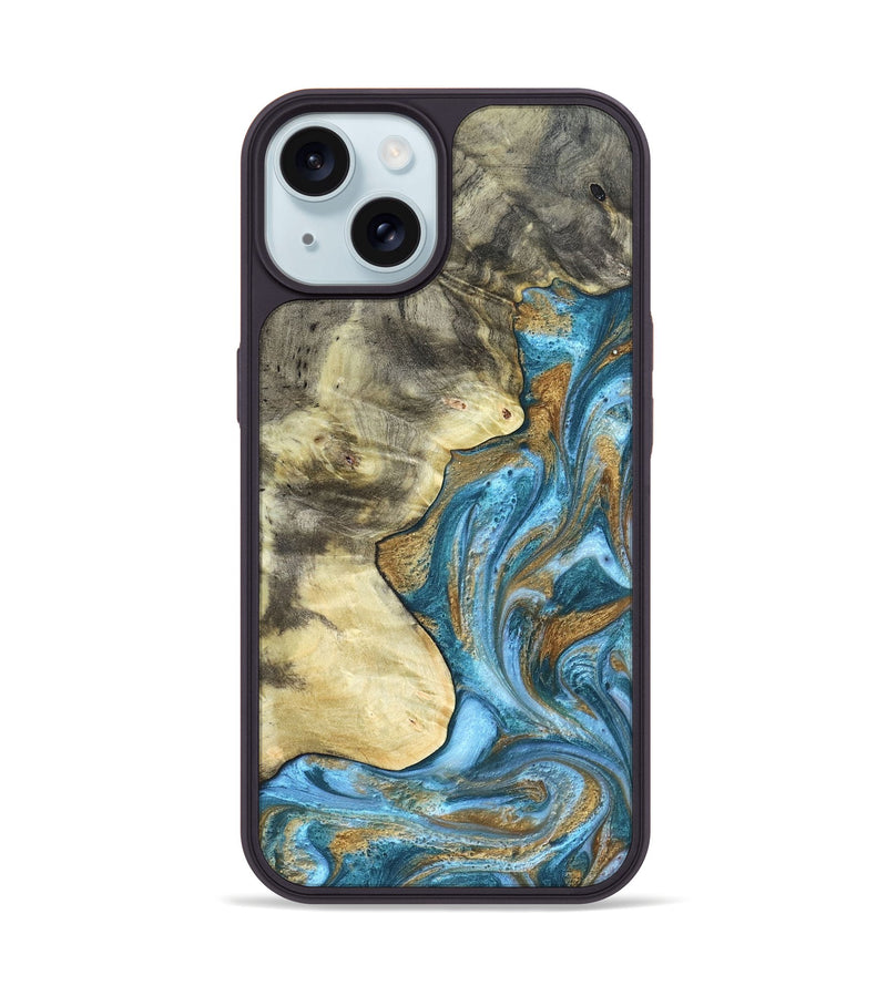 iPhone 15 Wood Phone Case - Lina (Teal & Gold, 820570)