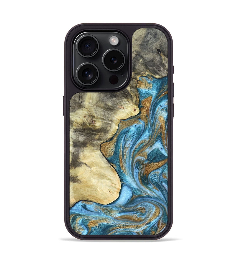 iPhone 15 Pro Wood Phone Case - Lina (Teal & Gold, 820570)