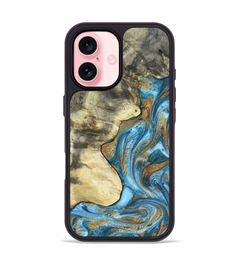 iPhone 16 Wood Phone Case - Lina (Teal & Gold, 820570)
