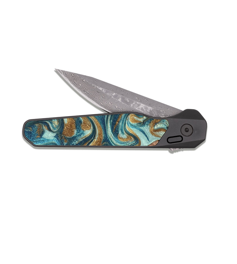EDC Dark Damascus Wood Pocket Knife - Celine (Teal & Gold, 820571)