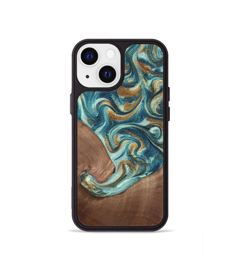 iPhone 13 mini Wood Phone Case - Celine (Teal & Gold, 820571)