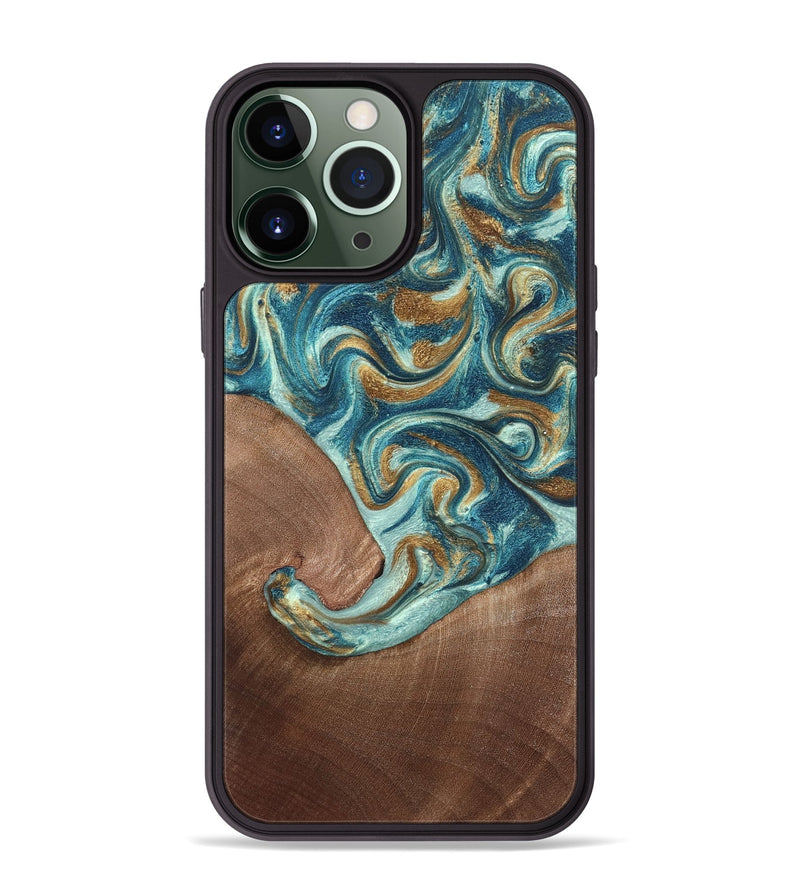 iPhone 13 Pro Max Wood Phone Case - Celine (Teal & Gold, 820571)