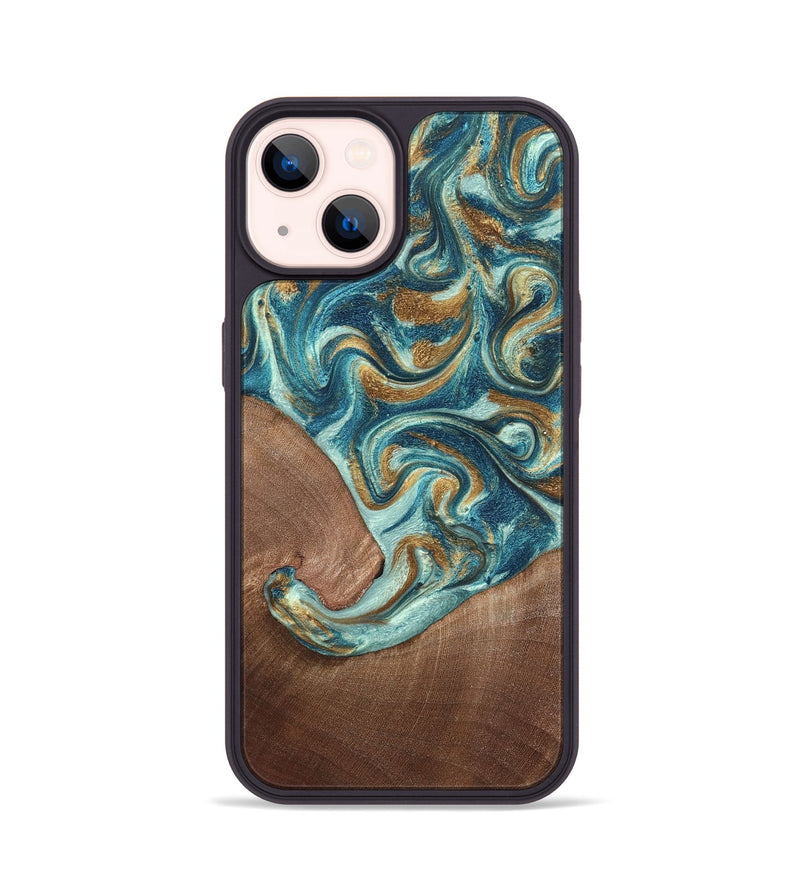iPhone 14 Wood Phone Case - Celine (Teal & Gold, 820571)