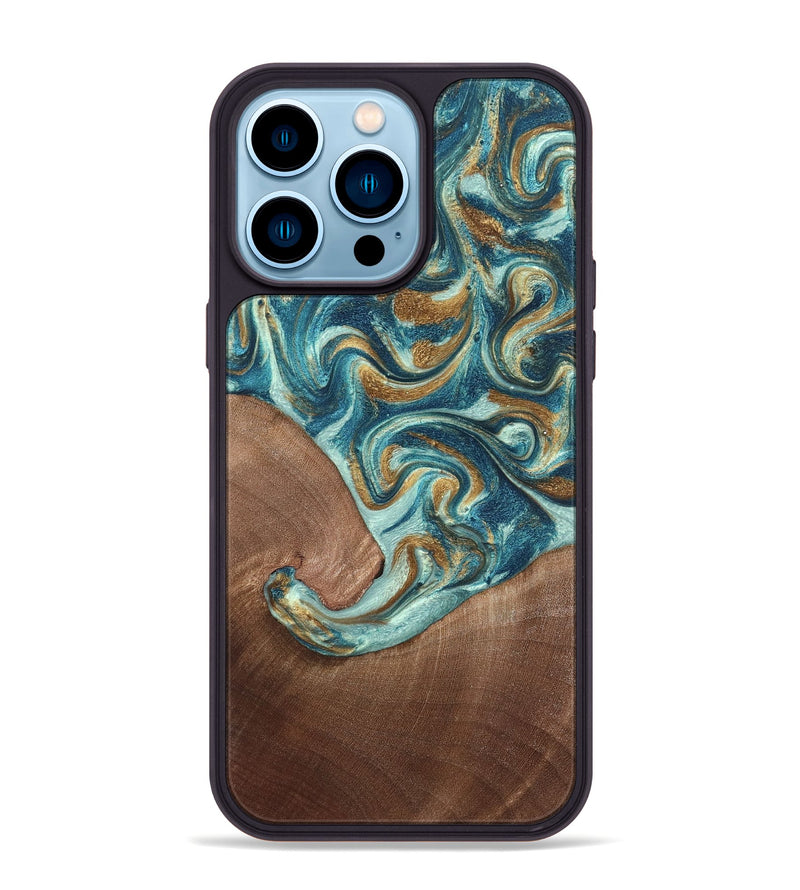 iPhone 14 Pro Max Wood Phone Case - Celine (Teal & Gold, 820571)