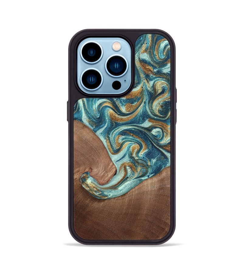 iPhone 14 Pro Wood Phone Case - Celine (Teal & Gold, 820571)