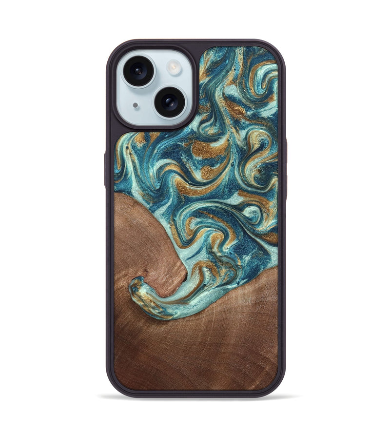 iPhone 15 Wood Phone Case - Celine (Teal & Gold, 820571)