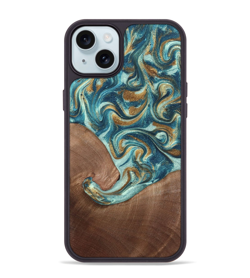 iPhone 15 Plus Wood Phone Case - Celine (Teal & Gold, 820571)