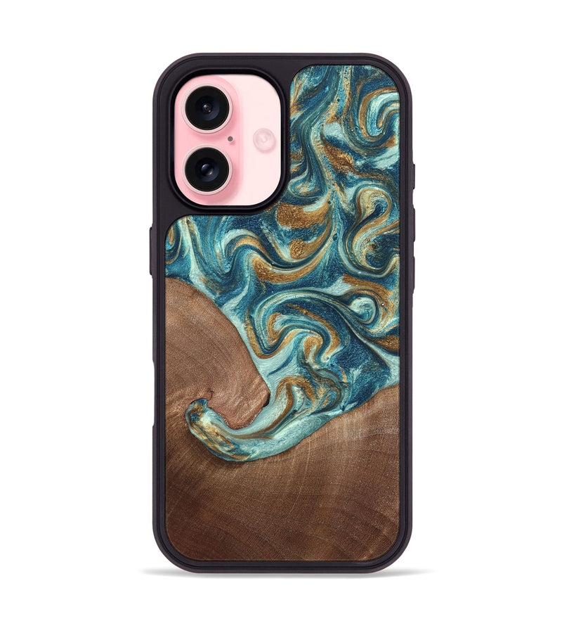 iPhone 16 Wood Phone Case - Celine (Teal & Gold, 820571)
