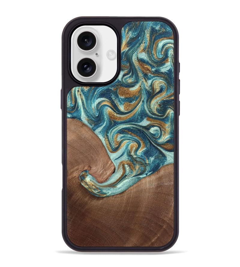 iPhone 16 Plus Wood Phone Case - Celine (Teal & Gold, 820571)
