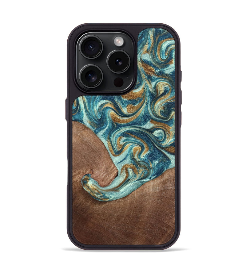 iPhone 16 Pro Wood Phone Case - Celine (Teal & Gold, 820571)