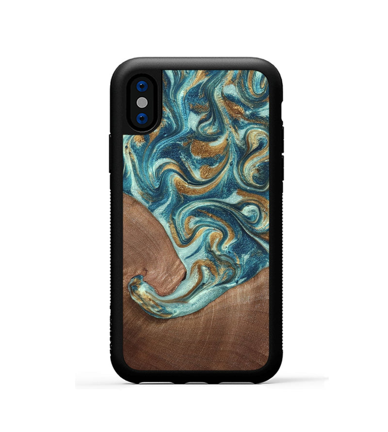 iPhone Xs Wood Phone Case - Celine (Teal & Gold, 820571)