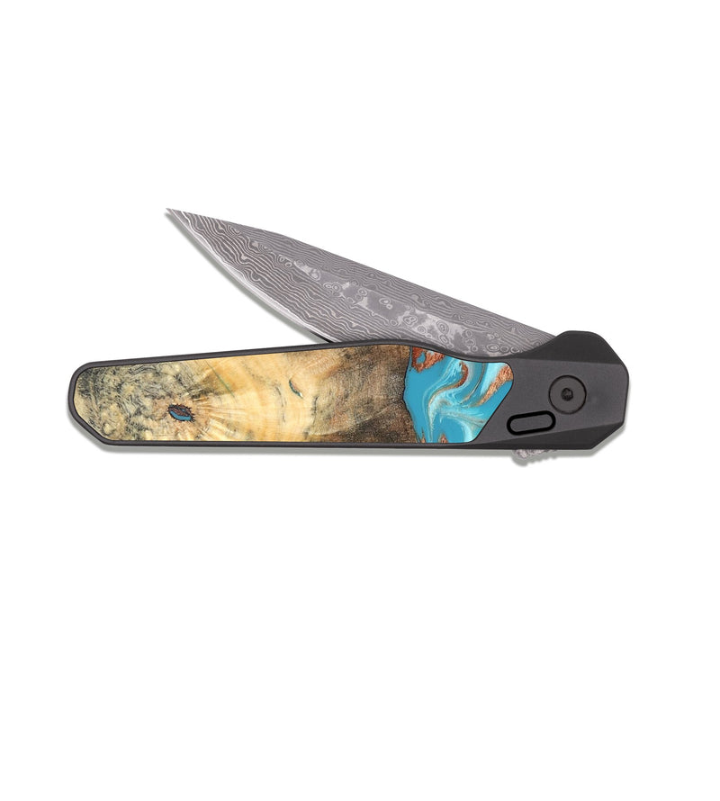 EDC Dark Damascus Wood Pocket Knife - Margo (Teal & Gold, 820573)