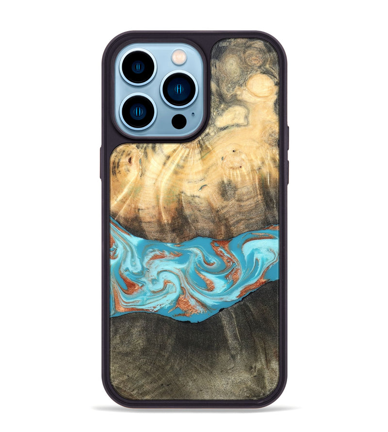 iPhone 14 Pro Max Wood Phone Case - Margo (Teal & Gold, 820573)