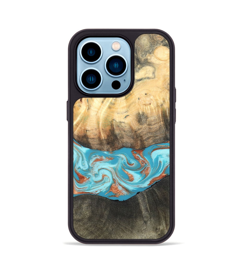 iPhone 14 Pro Wood Phone Case - Margo (Teal & Gold, 820573)
