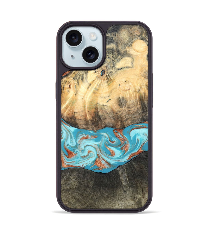 iPhone 15 Wood Phone Case - Margo (Teal & Gold, 820573)