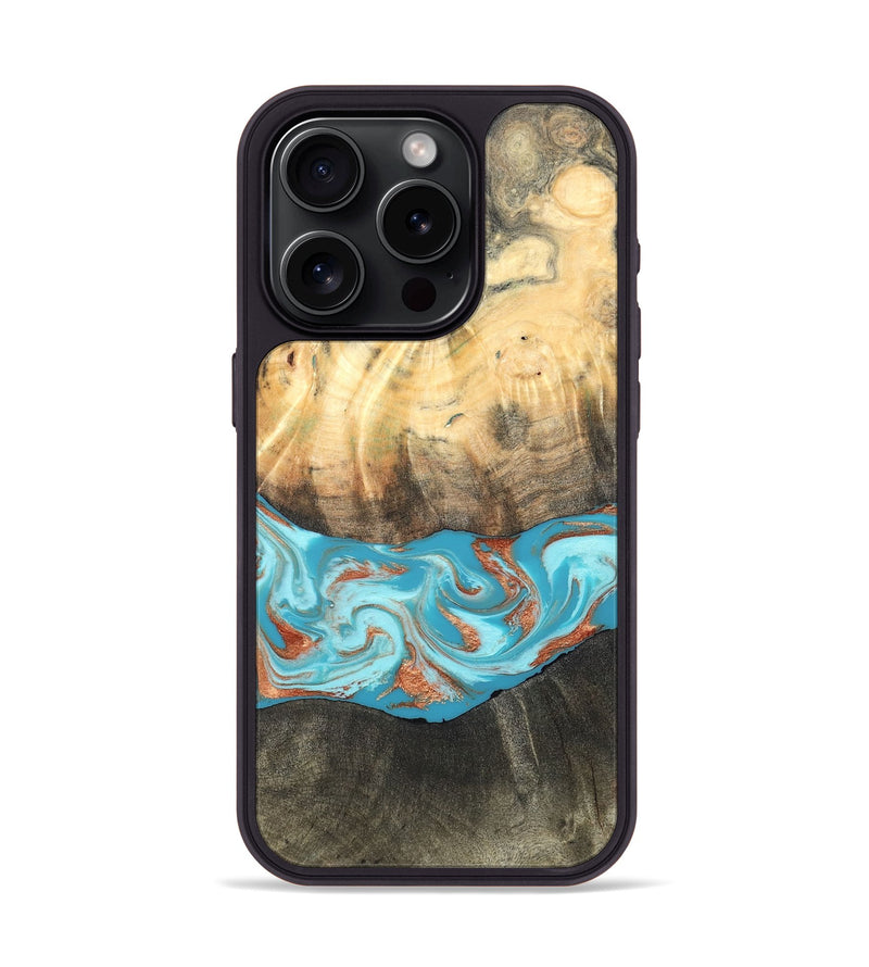 iPhone 15 Pro Wood Phone Case - Margo (Teal & Gold, 820573)
