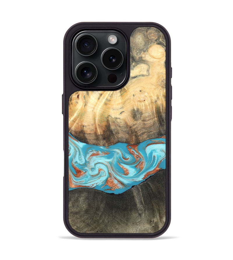 iPhone 16 Pro Wood Phone Case - Margo (Teal & Gold, 820573)