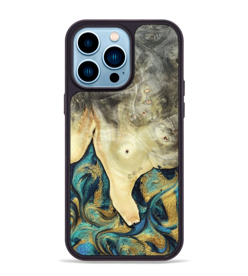 iPhone 14 Pro Max Wood Phone Case - Tawnya (Teal & Gold, 820653)