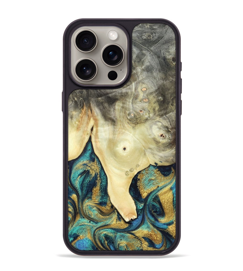 iPhone 15 Pro Max Wood Phone Case - Tawnya (Teal & Gold, 820653)