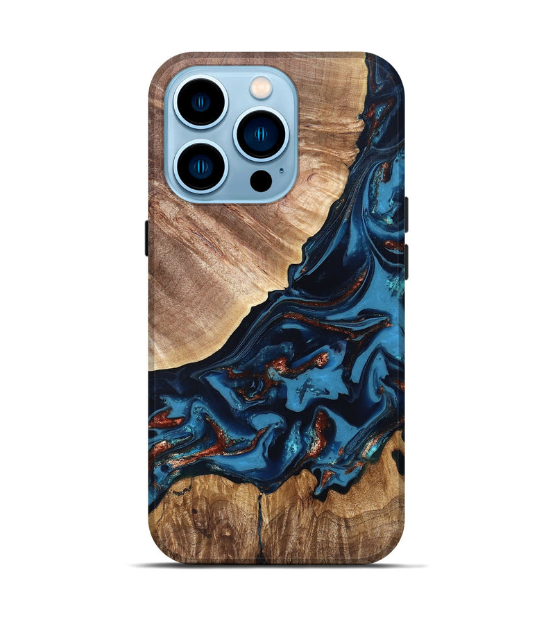 iPhone 14 Pro Wood Live Edge Phone Case - Chynna (Teal & Gold, 820701)