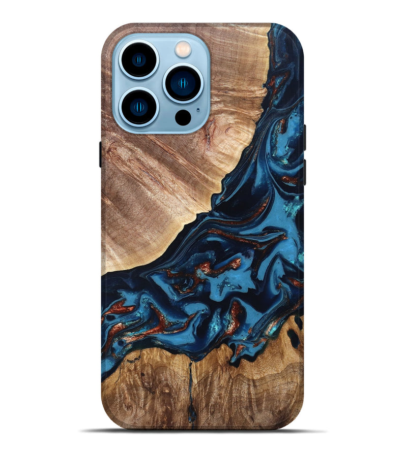 iPhone 14 Pro Max Wood Live Edge Phone Case - Chynna (Teal & Gold, 820701)