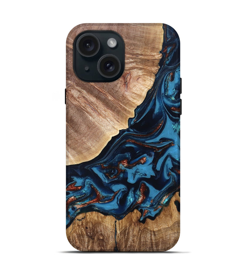 iPhone 15 Wood Live Edge Phone Case - Chynna (Teal & Gold, 820701)