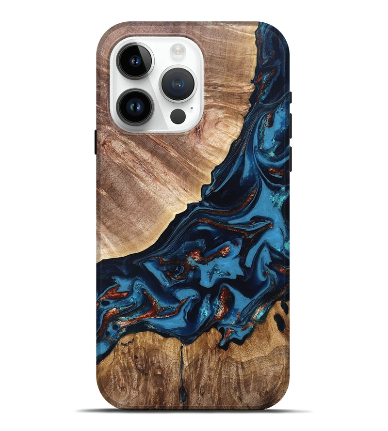iPhone 15 Pro Max Wood Live Edge Phone Case - Chynna (Teal & Gold, 820701)