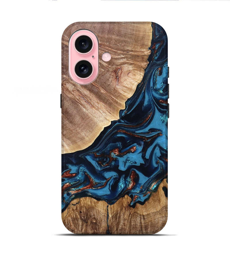 iPhone 16 Wood Live Edge Phone Case - Chynna (Teal & Gold, 820701)