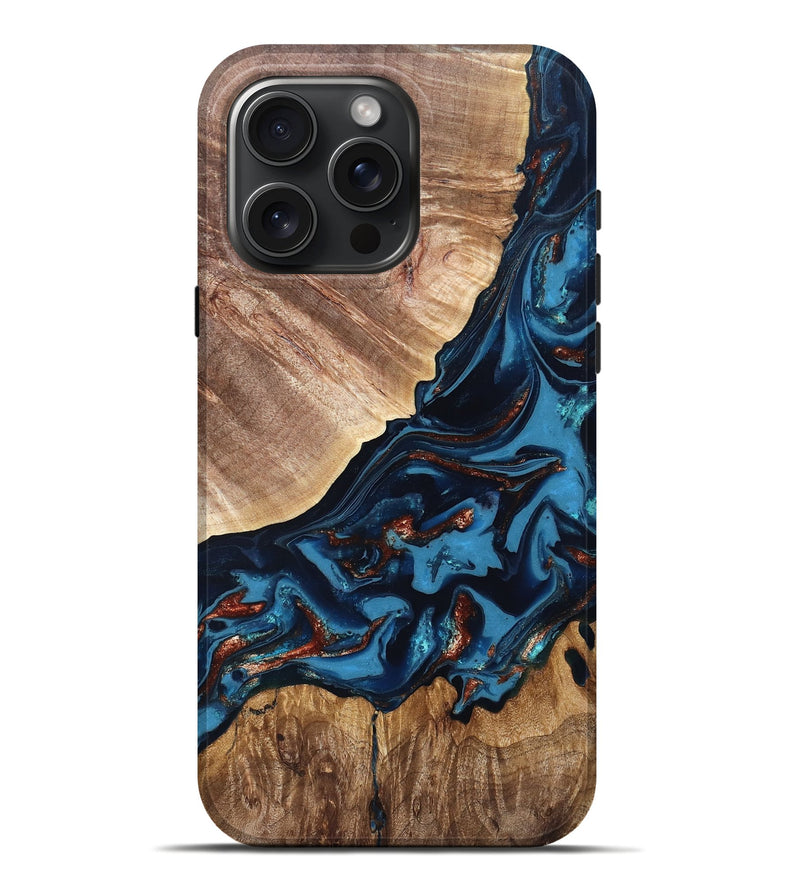 iPhone 16 Pro Max Wood Live Edge Phone Case - Chynna (Teal & Gold, 820701)