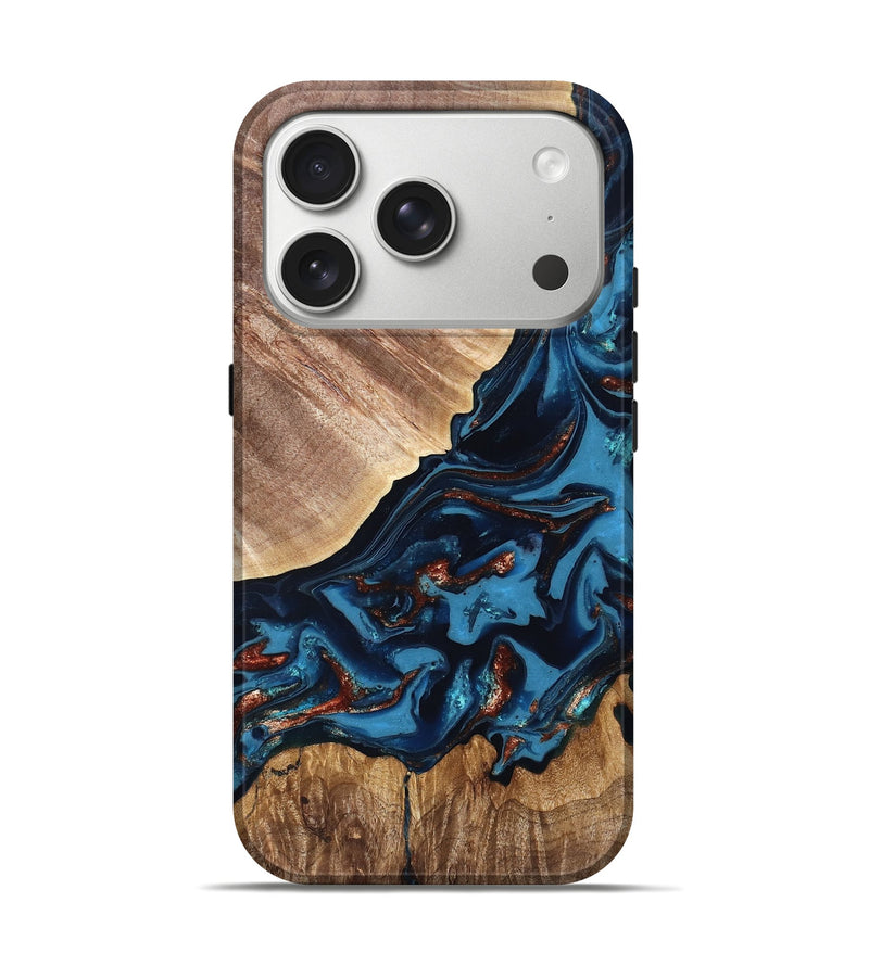 iPhone 17 Pro Wood Live Edge Phone Case - Chynna (Teal & Gold, 820701)