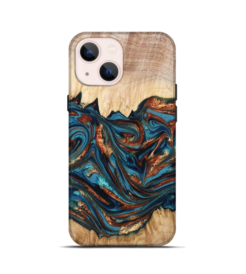 iPhone 13 mini Wood Live Edge Phone Case - Tyree (Teal & Gold, 820708)