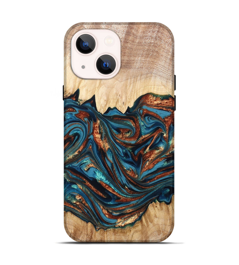 iPhone 14 Wood Live Edge Phone Case - Tyree (Teal & Gold, 820708)