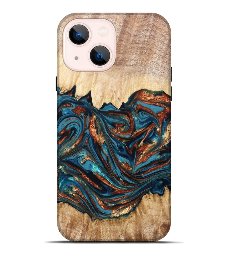iPhone 14 Plus Wood Live Edge Phone Case - Tyree (Teal & Gold, 820708)