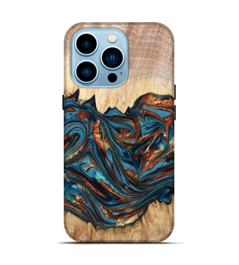 iPhone 14 Pro Wood Live Edge Phone Case - Tyree (Teal & Gold, 820708)