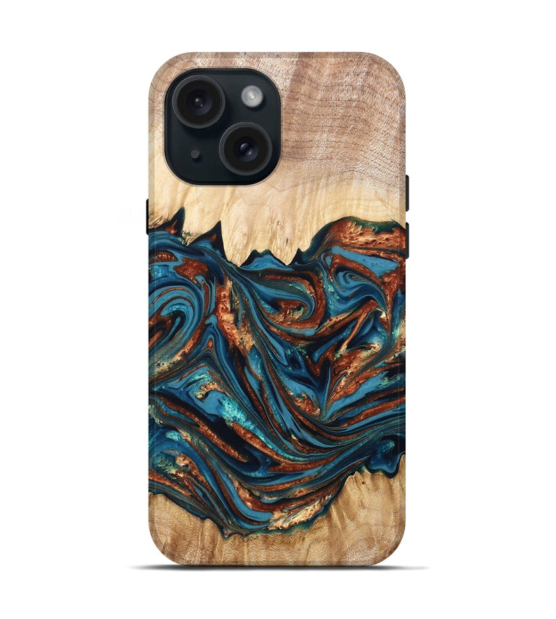 iPhone 15 Wood Live Edge Phone Case - Tyree (Teal & Gold, 820708)