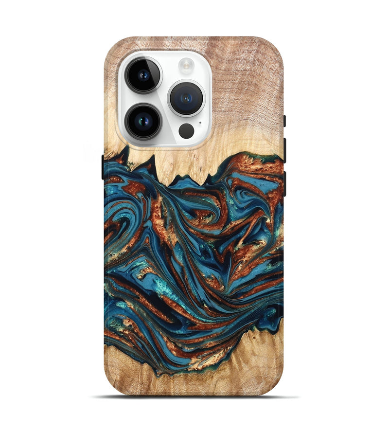 iPhone 15 Pro Wood Live Edge Phone Case - Tyree (Teal & Gold, 820708)