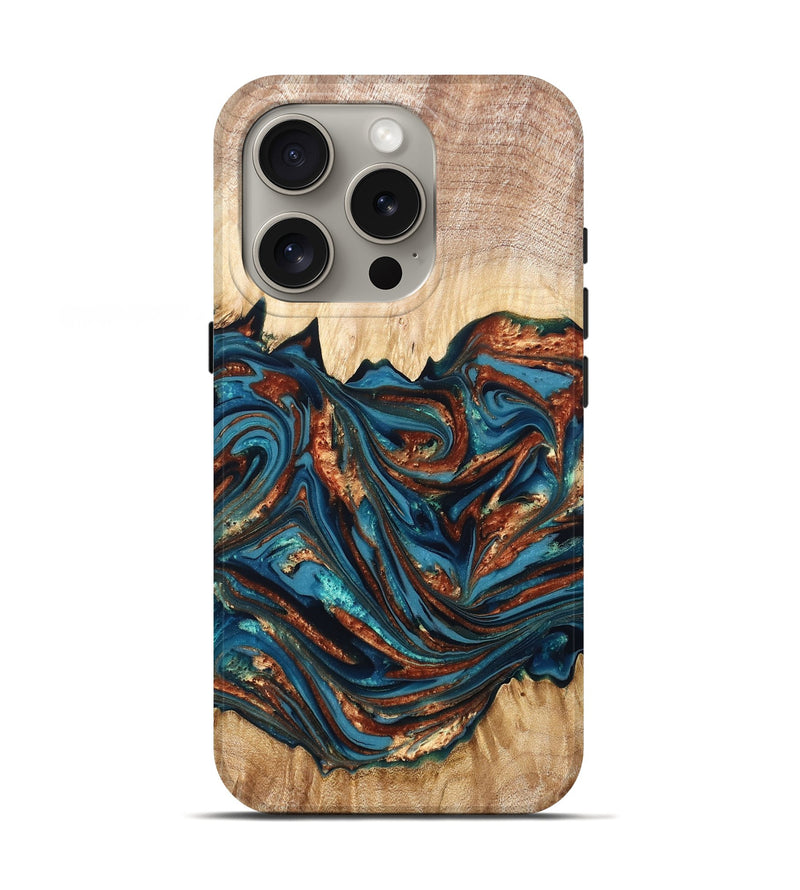 iPhone 16 Pro Wood Live Edge Phone Case - Tyree (Teal & Gold, 820708)