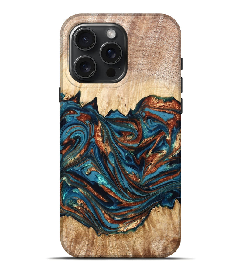 iPhone 16 Pro Max Wood Live Edge Phone Case - Tyree (Teal & Gold, 820708)
