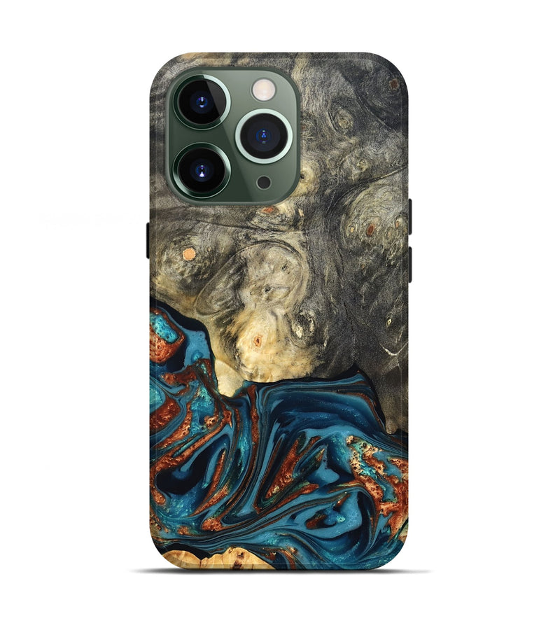 iPhone 13 Pro Wood Live Edge Phone Case - Keagan (Teal & Gold, 820711)