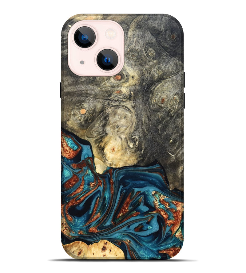 iPhone 14 Plus Wood Live Edge Phone Case - Keagan (Teal & Gold, 820711)