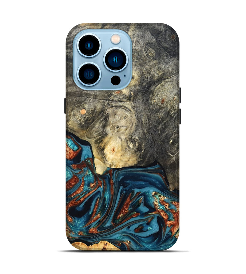 iPhone 14 Pro Wood Live Edge Phone Case - Keagan (Teal & Gold, 820711)