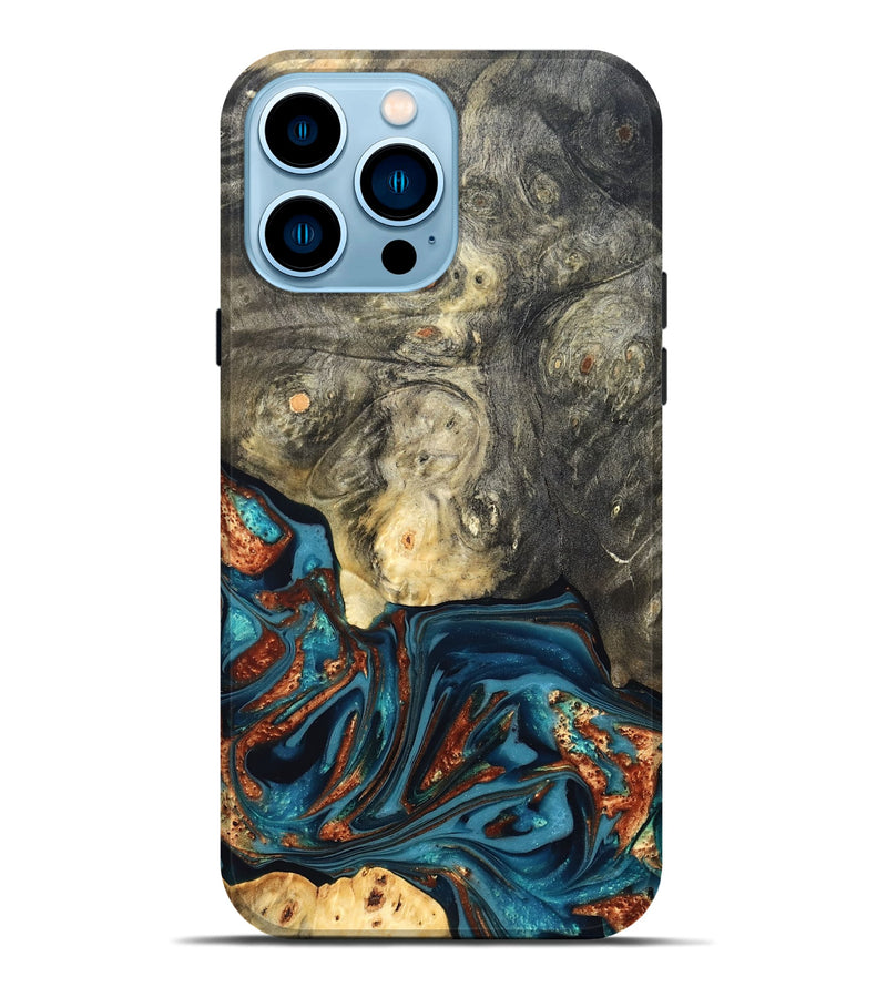 iPhone 14 Pro Max Wood Live Edge Phone Case - Keagan (Teal & Gold, 820711)