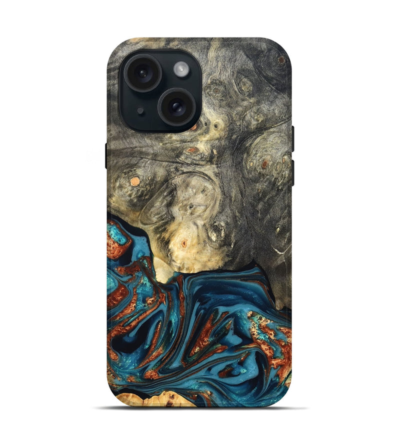 iPhone 15 Wood Live Edge Phone Case - Keagan (Teal & Gold, 820711)